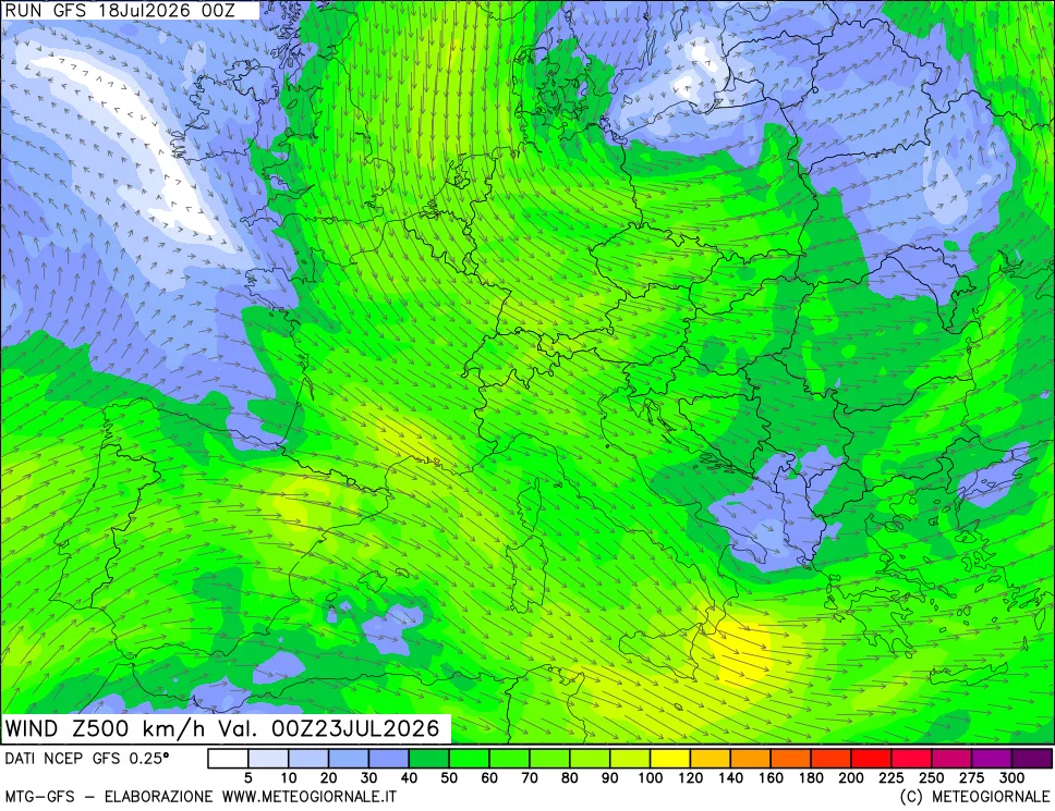 mappa 500 hPa Vento forza e direzione