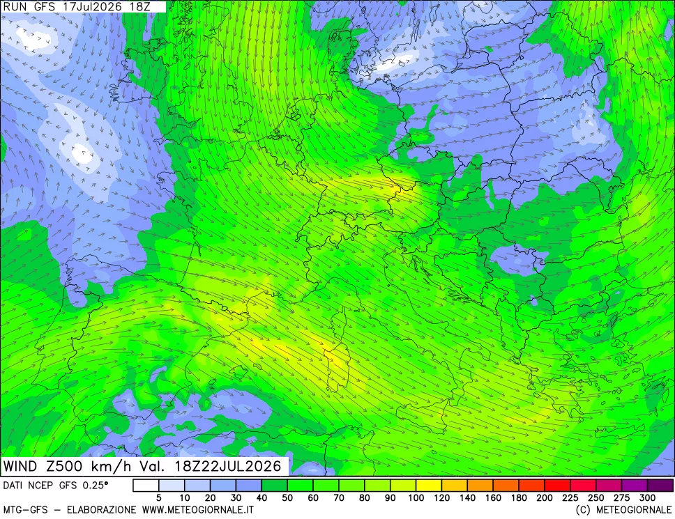 mappa 500 hPa Vento forza e direzione
