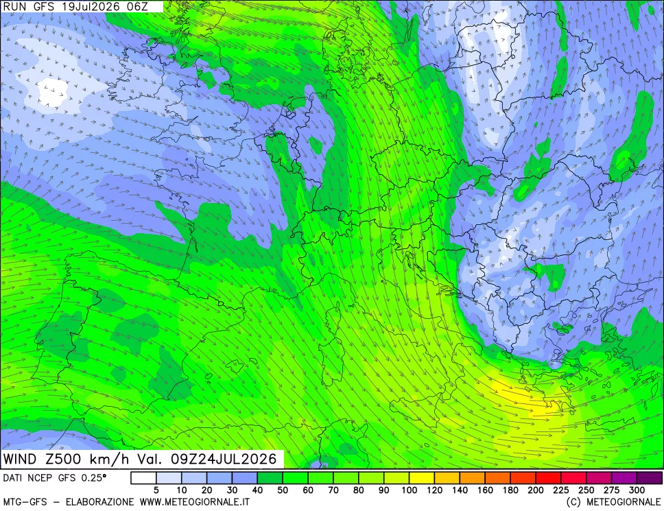 mappa 500 hPa Vento forza e direzione