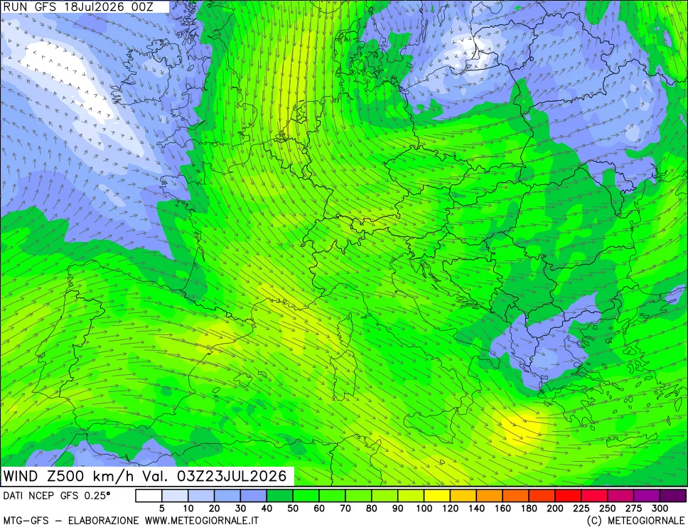 mappa 500 hPa Vento forza e direzione