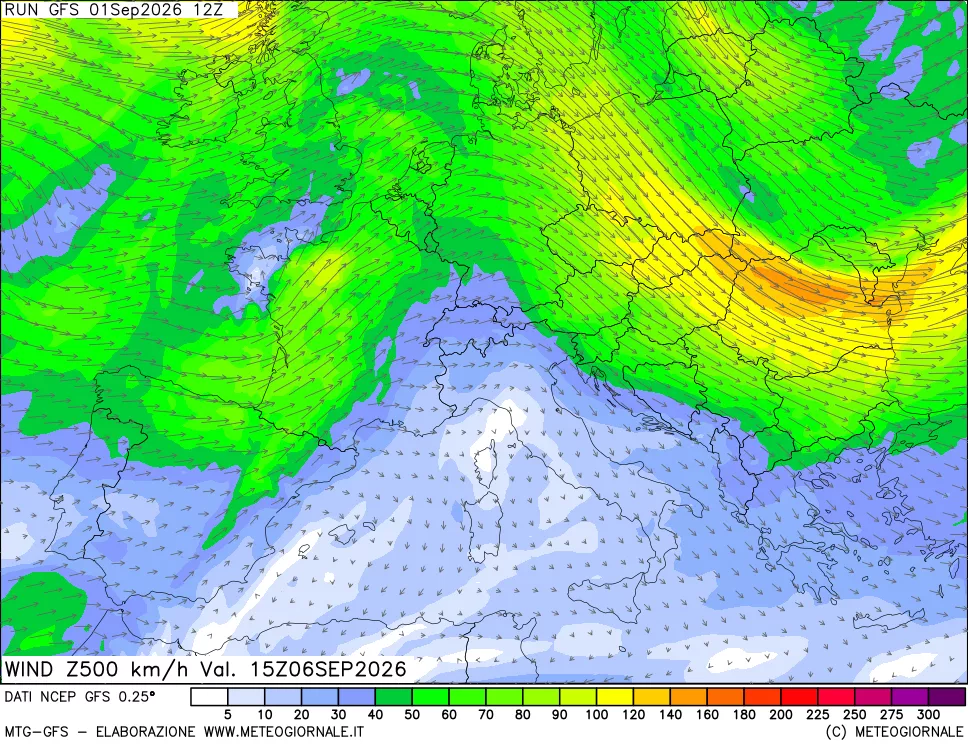 mappa 500 hPa Vento forza e direzione
