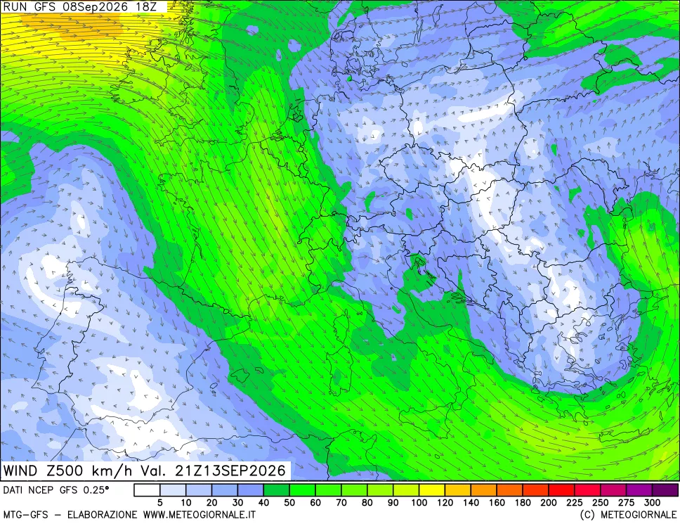 mappa 500 hPa Vento forza e direzione
