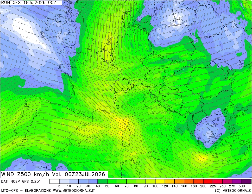 mappa 500 hPa Vento forza e direzione