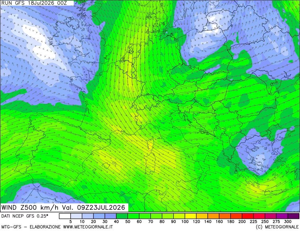mappa 500 hPa Vento forza e direzione