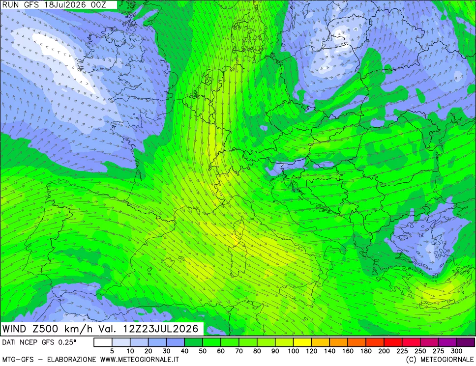 mappa 500 hPa Vento forza e direzione