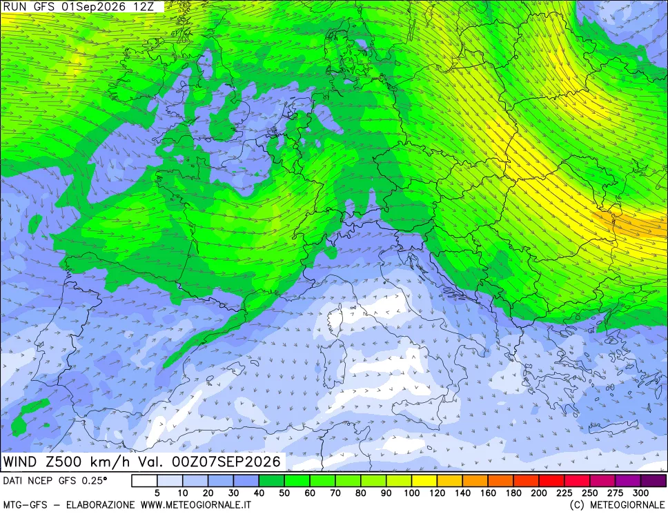 mappa 500 hPa Vento forza e direzione