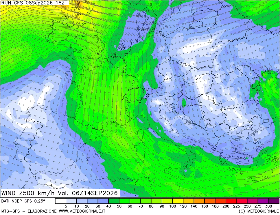mappa 500 hPa Vento forza e direzione