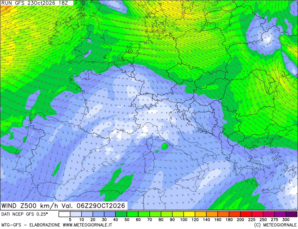 mappa 500 hPa Vento forza e direzione