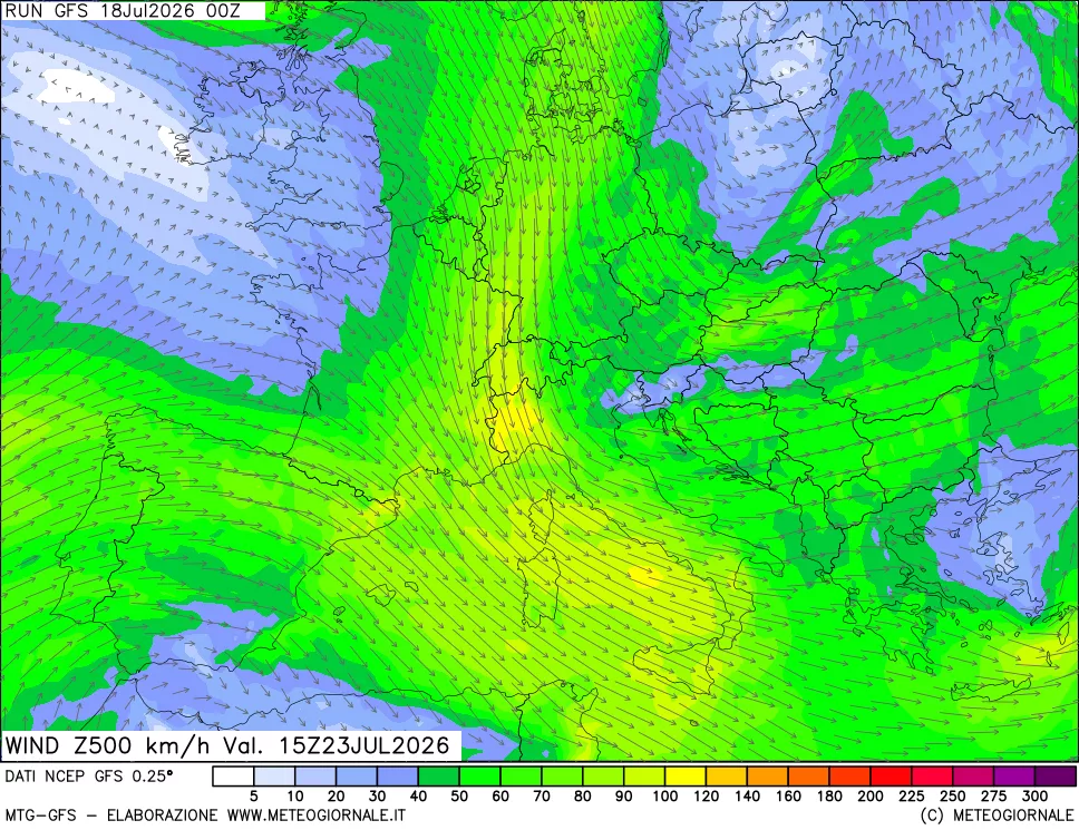 mappa 500 hPa Vento forza e direzione