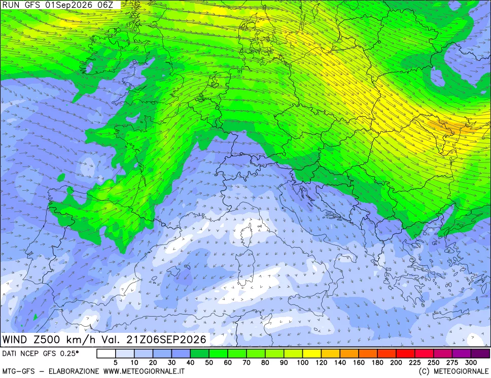 mappa 500 hPa Vento forza e direzione