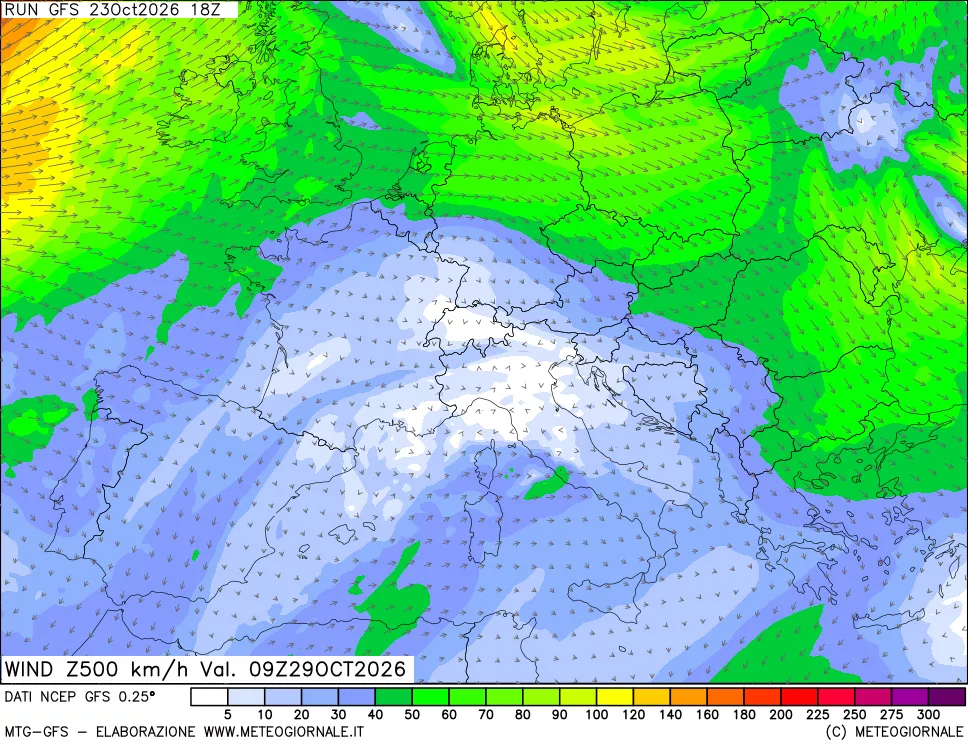 mappa 500 hPa Vento forza e direzione