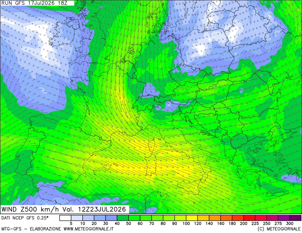 mappa 500 hPa Vento forza e direzione