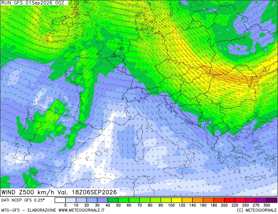 mappa 500 hPa Vento forza e direzione