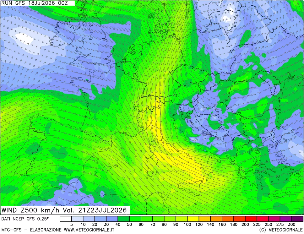 mappa 500 hPa Vento forza e direzione