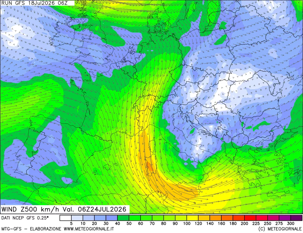 mappa 500 hPa Vento forza e direzione
