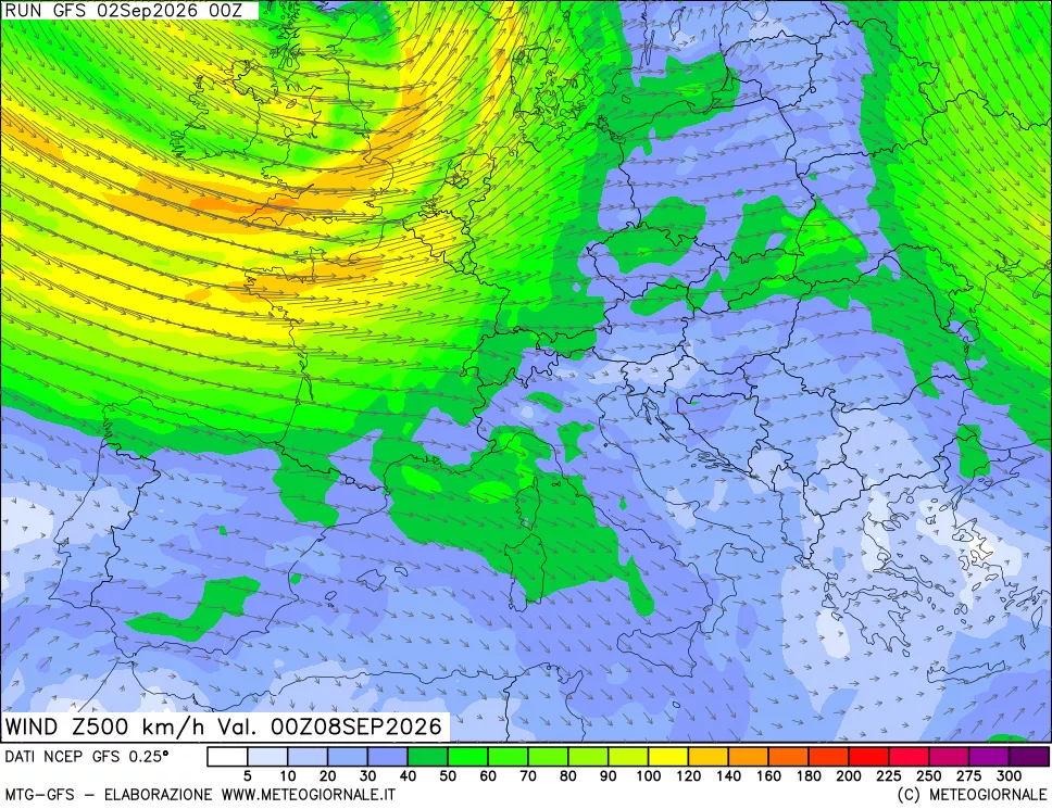 mappa 500 hPa Vento forza e direzione