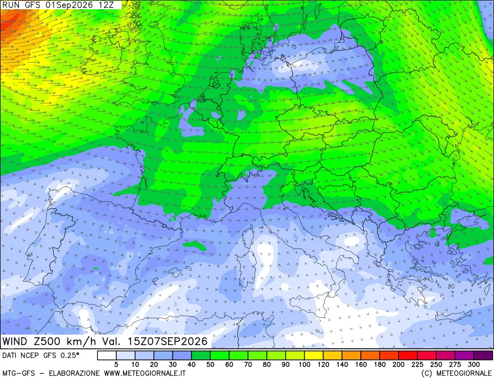 mappa 500 hPa Vento forza e direzione