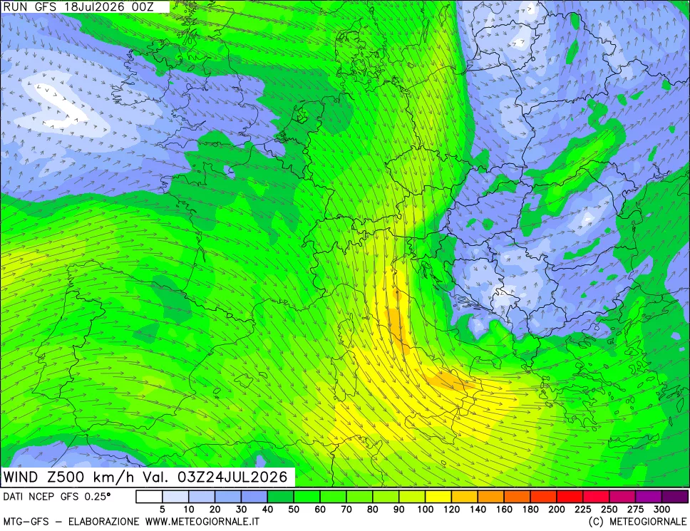 mappa 500 hPa Vento forza e direzione