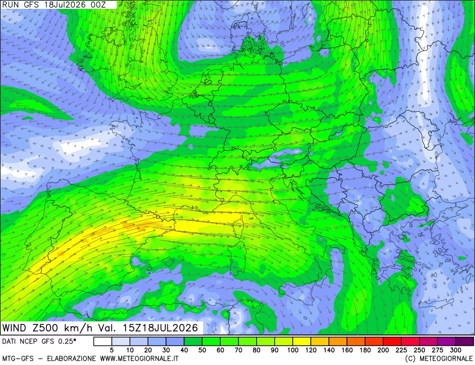 mappa 500 hPa Vento forza e direzione