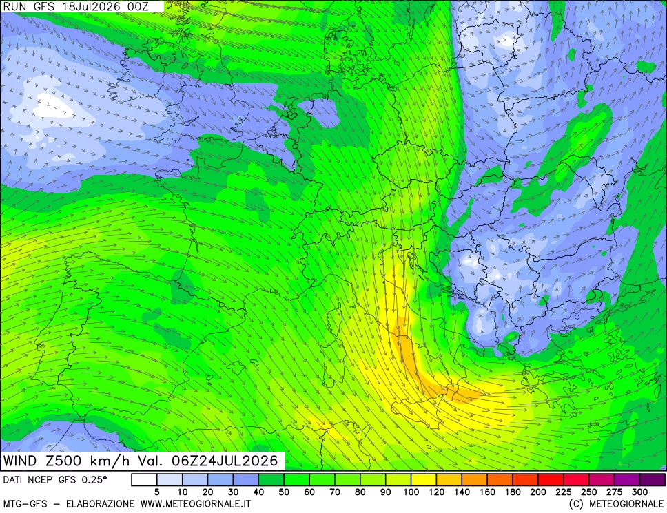 mappa 500 hPa Vento forza e direzione