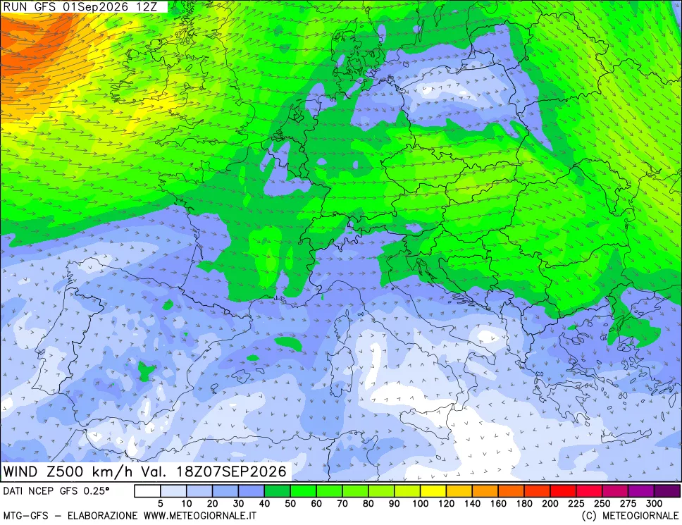 mappa 500 hPa Vento forza e direzione