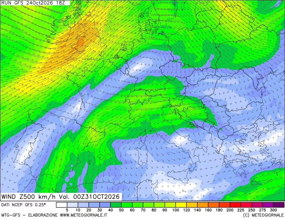 mappa 500 hPa Vento forza e direzione