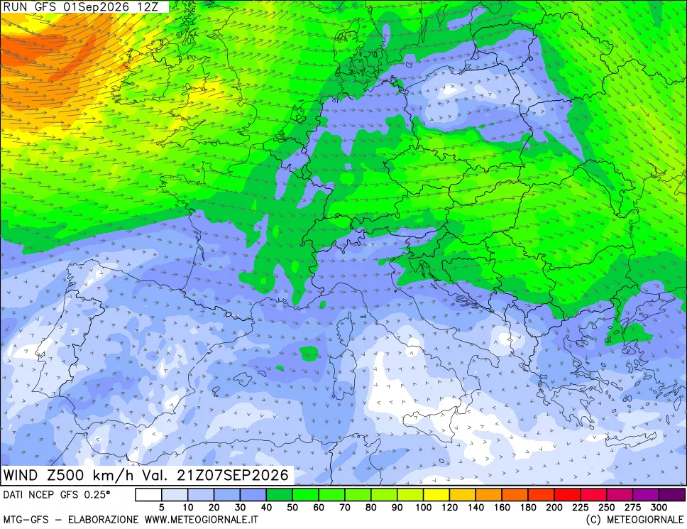 mappa 500 hPa Vento forza e direzione