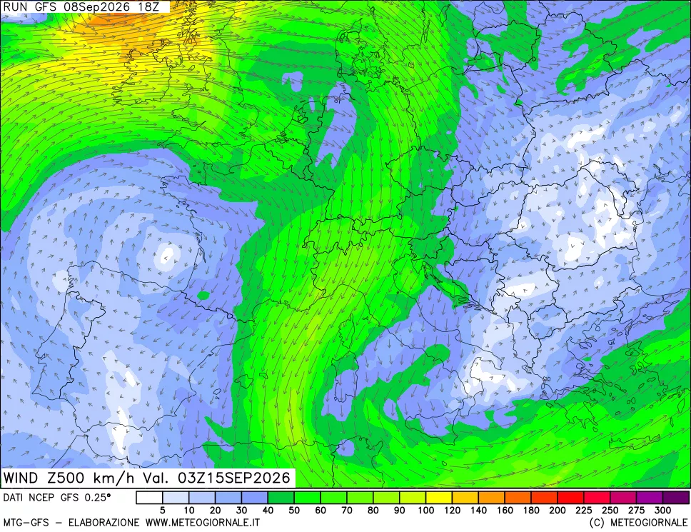 mappa 500 hPa Vento forza e direzione