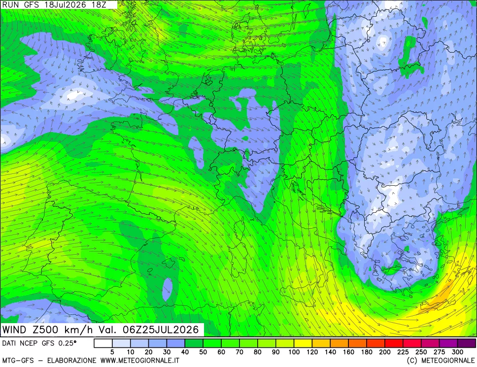 mappa 500 hPa Vento forza e direzione