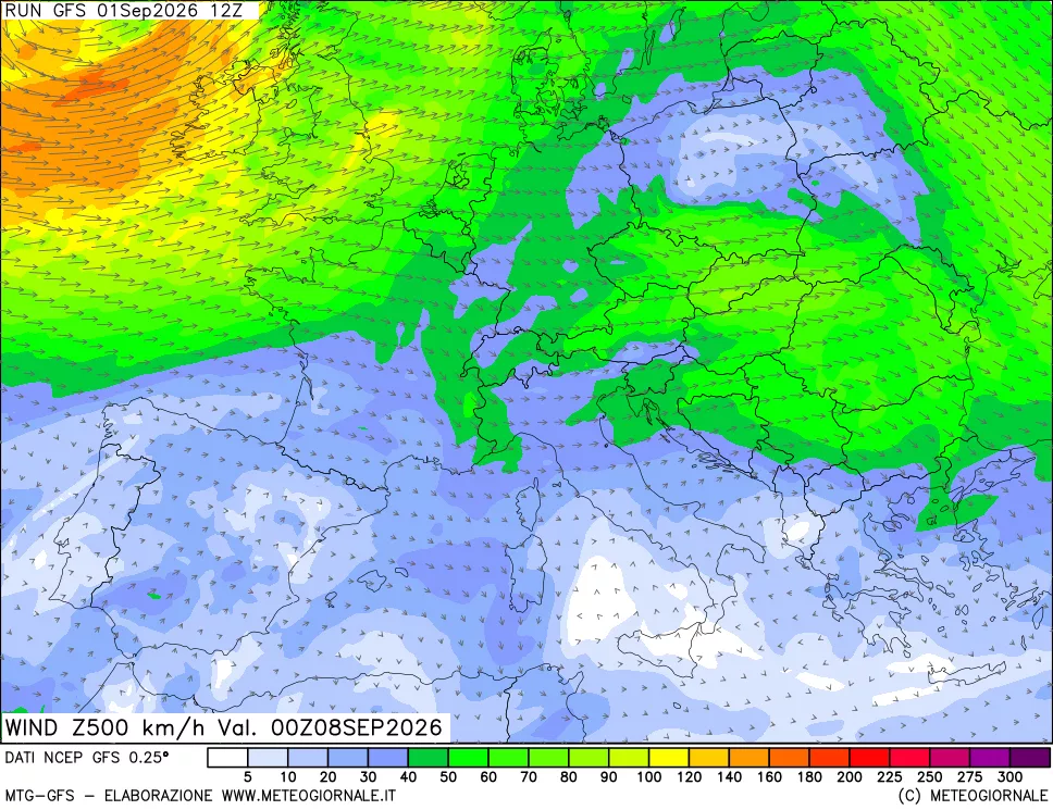 mappa 500 hPa Vento forza e direzione