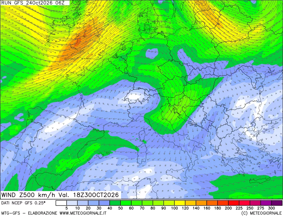mappa 500 hPa Vento forza e direzione