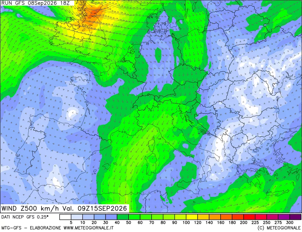mappa 500 hPa Vento forza e direzione