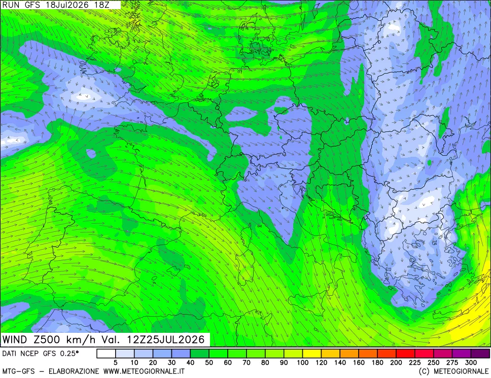 mappa 500 hPa Vento forza e direzione