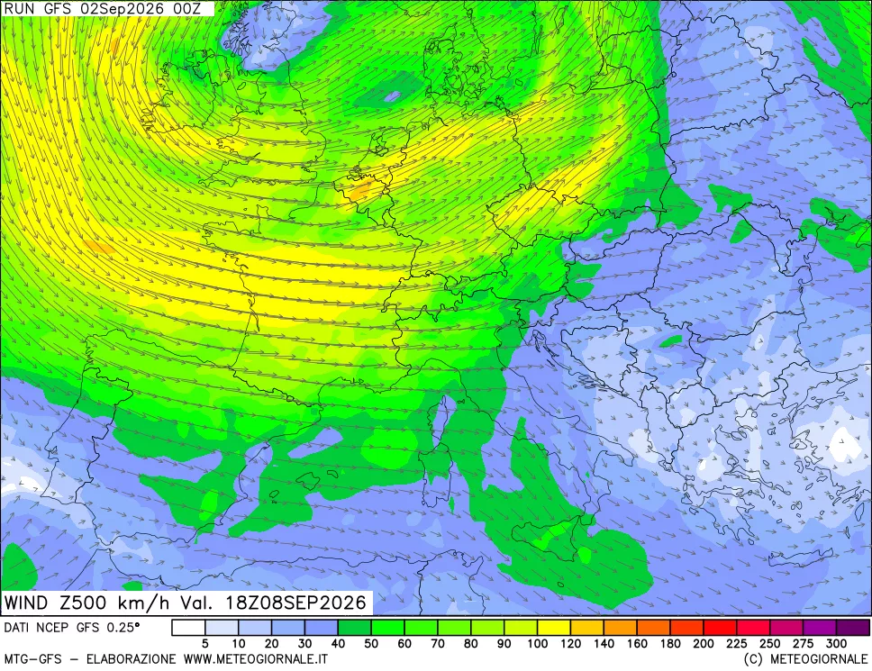 mappa 500 hPa Vento forza e direzione