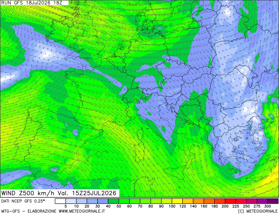 mappa 500 hPa Vento forza e direzione