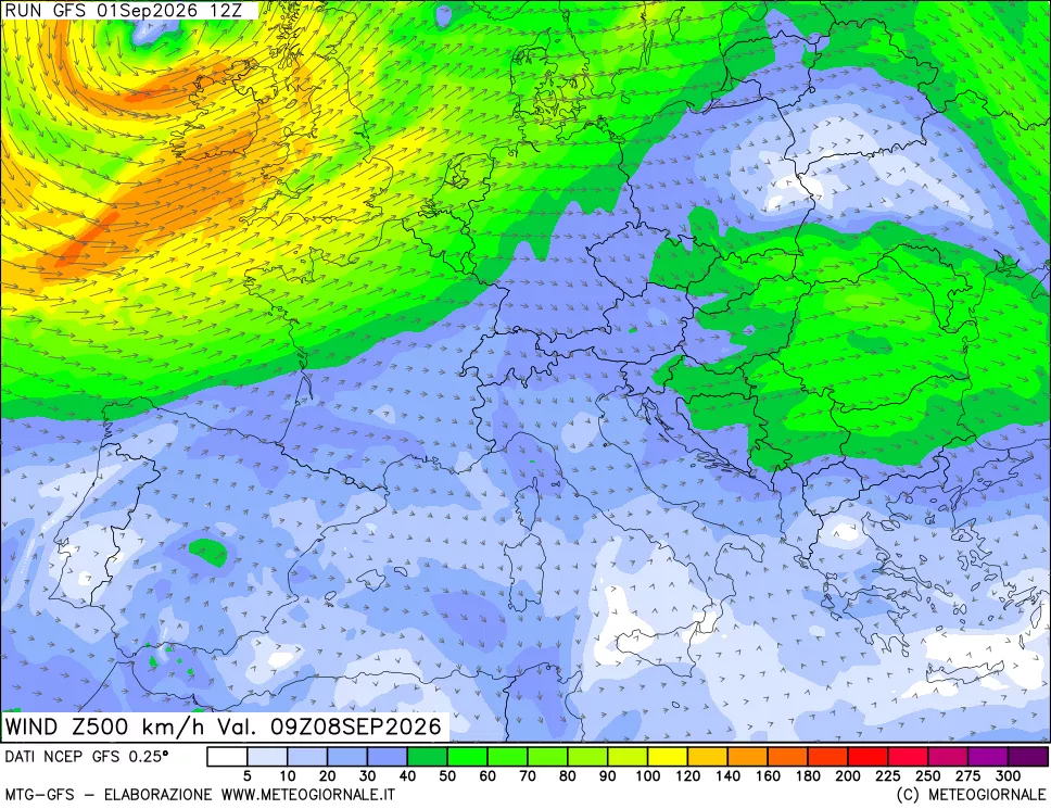 mappa 500 hPa Vento forza e direzione