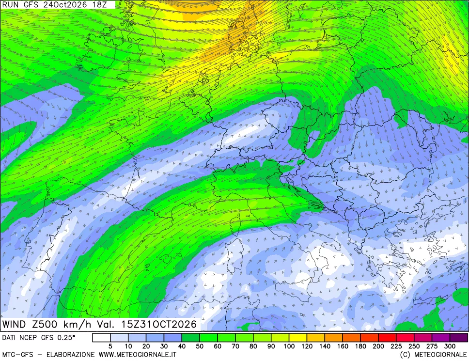 mappa 500 hPa Vento forza e direzione