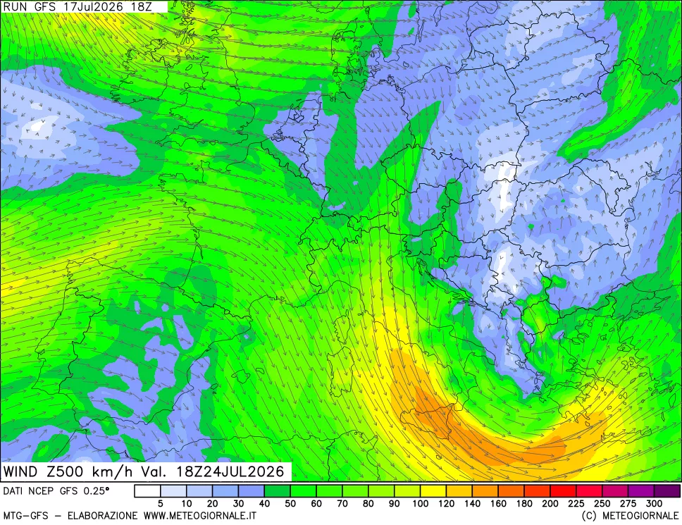 mappa 500 hPa Vento forza e direzione