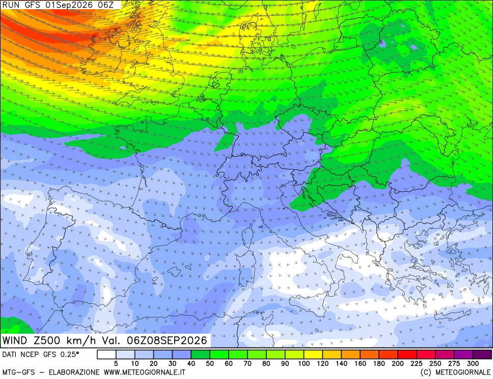 mappa 500 hPa Vento forza e direzione