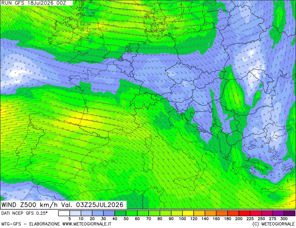 mappa 500 hPa Vento forza e direzione