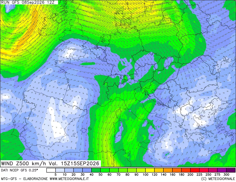 mappa 500 hPa Vento forza e direzione