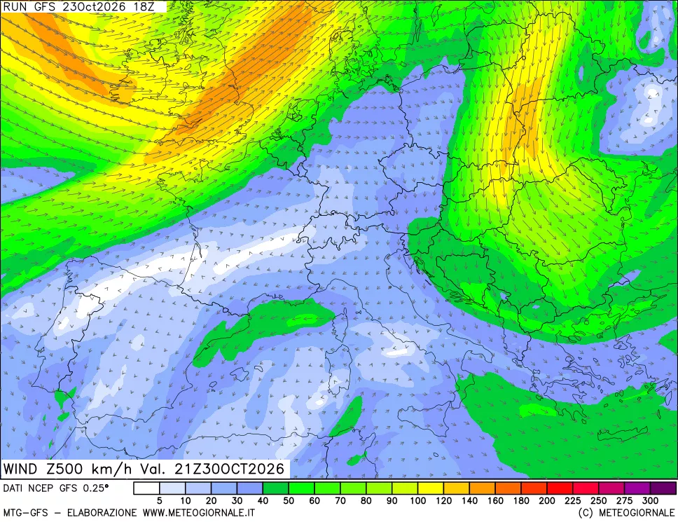mappa 500 hPa Vento forza e direzione