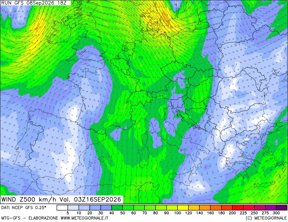 mappa 500 hPa Vento forza e direzione