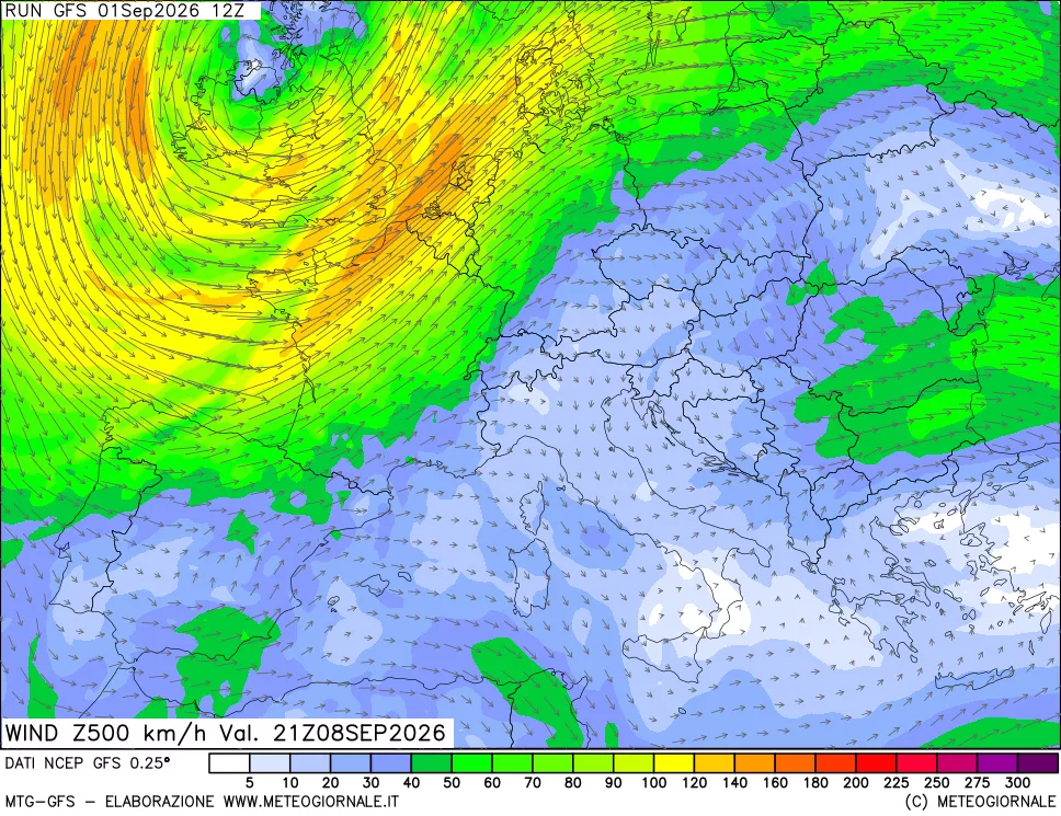 mappa 500 hPa Vento forza e direzione