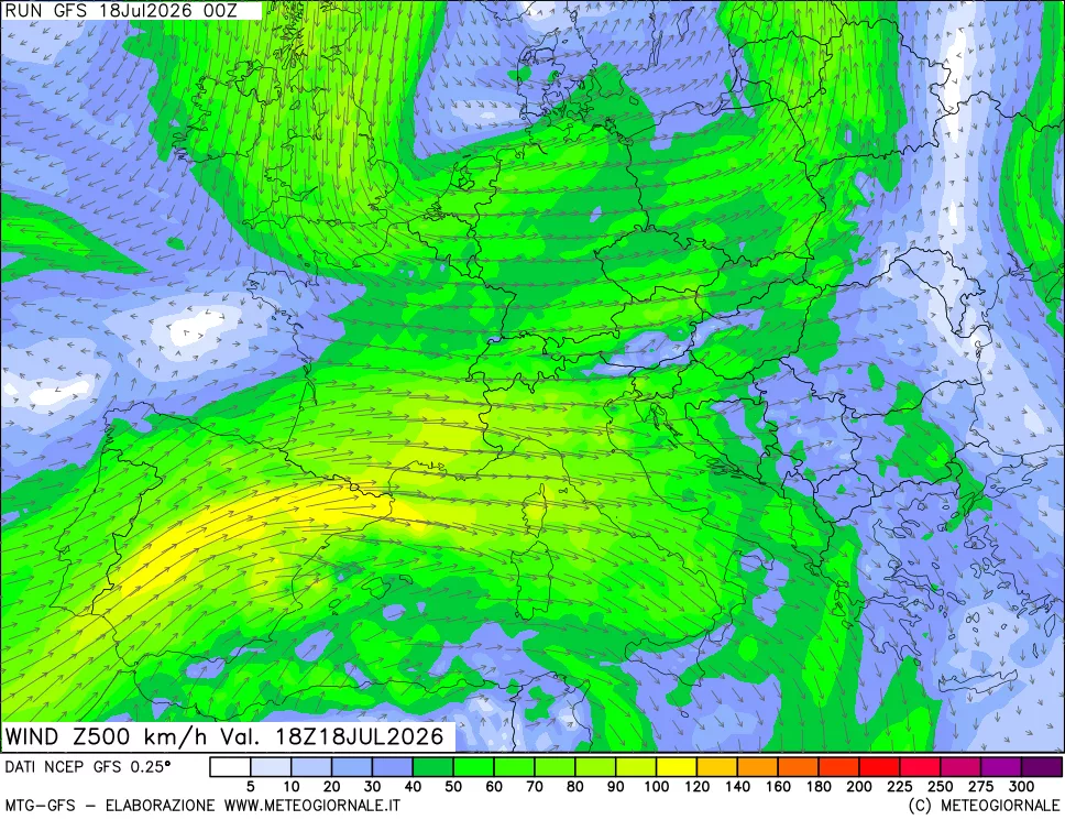 mappa 500 hPa Vento forza e direzione