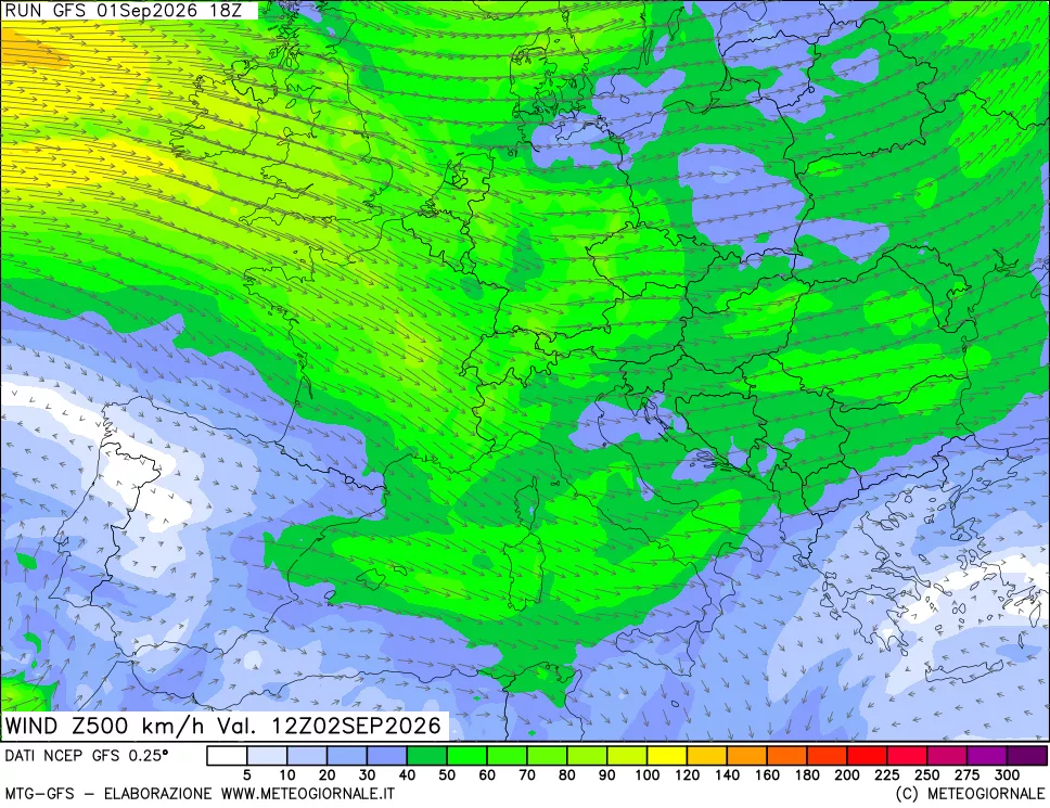 mappa 500 hPa Vento forza e direzione