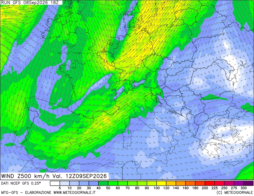 mappa 500 hPa Vento forza e direzione