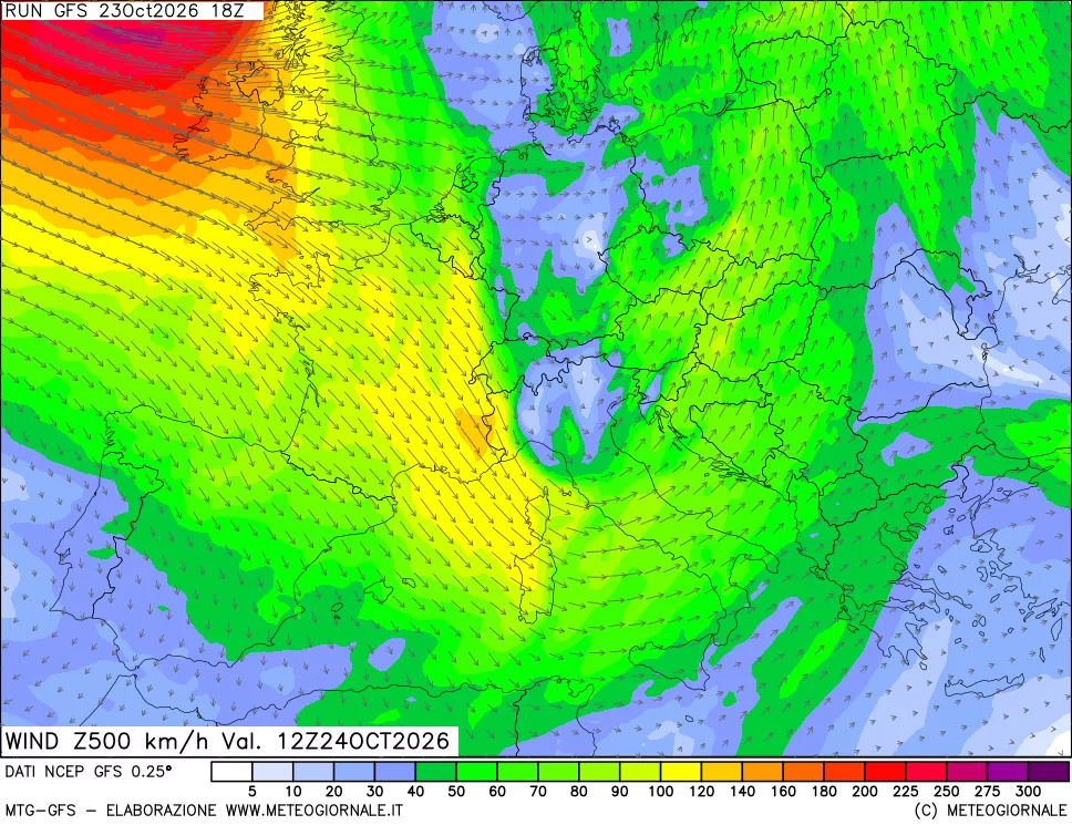 mappa 500 hPa Vento forza e direzione