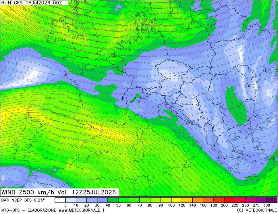 mappa 500 hPa Vento forza e direzione