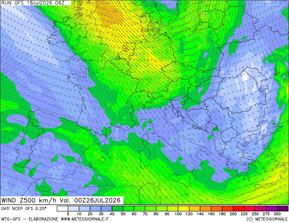 mappa 500 hPa Vento forza e direzione